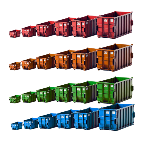 Various sizes of roll-off dumpsters, from compact 10-yard to large 40-yard containers, lined up for use.